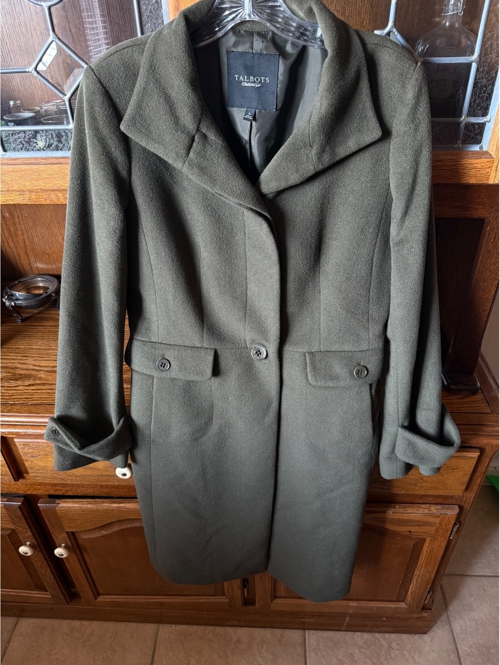 Talbots Olive Green Wool Angora Coat Sz 6 | Oversized Longline Trench Vibe